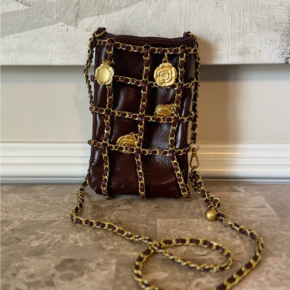 Tiffany & Fred Rue Leather Chain Crossbody – Burgundy/Gold – Cell Phone Holder